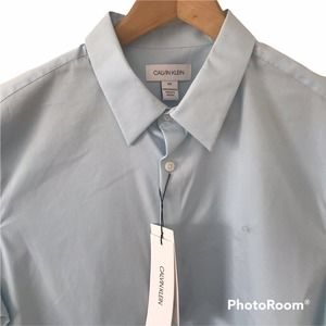 CALVIN KLEIN Mens Large Keepsake Blue Solid L/S Shirt Cotton w Stretch $69